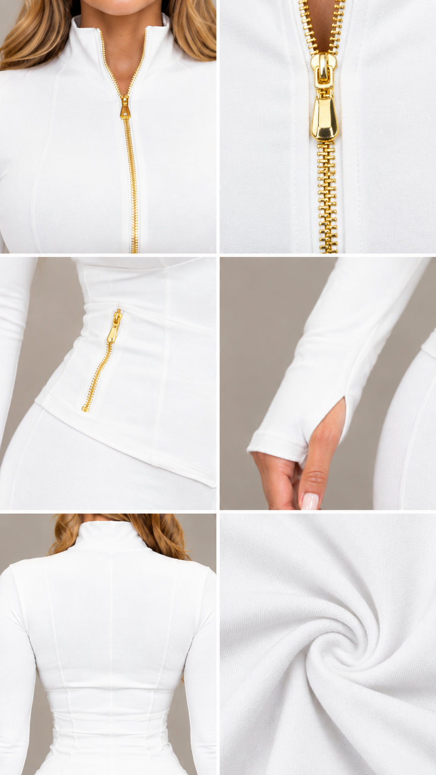 Close-up details of white jacket gold zipper, stand collar, zip pocket, split cuff, and soft fabric
