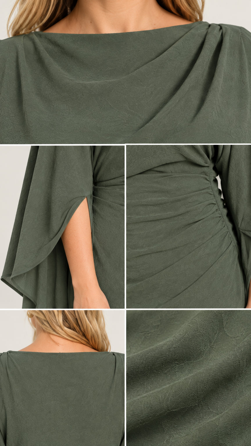 Close-up detail collage of neckline, split sleeve, ruched waist, and fabric texture