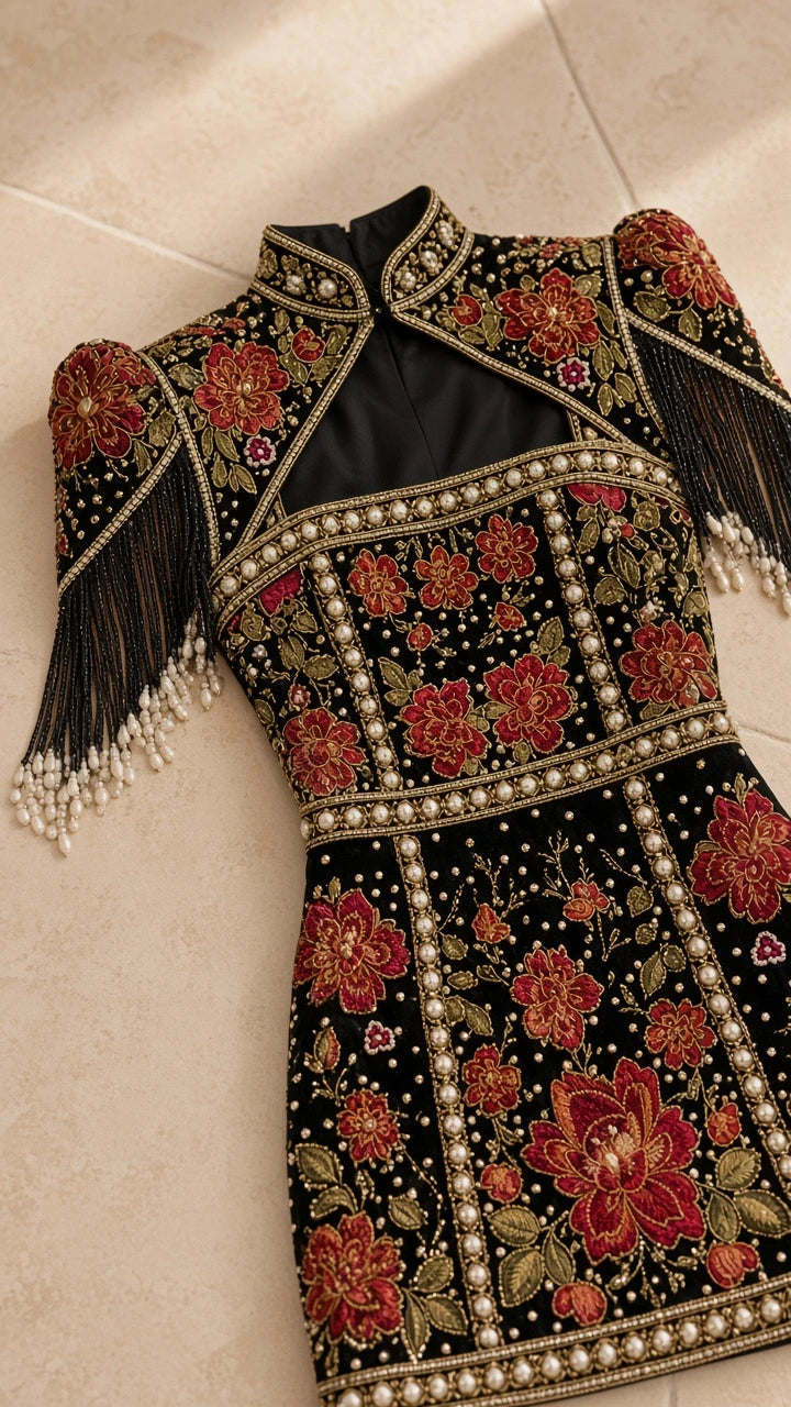 Close-up flat lay of black embroidered mini dress showing beaded neckline and tassel details