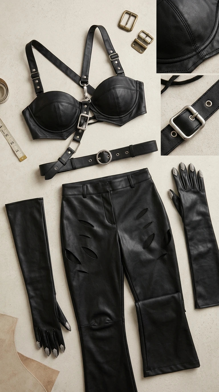 Flat lay view of black faux leather costume set including harness top, distressed pants, belt, and claw gloves