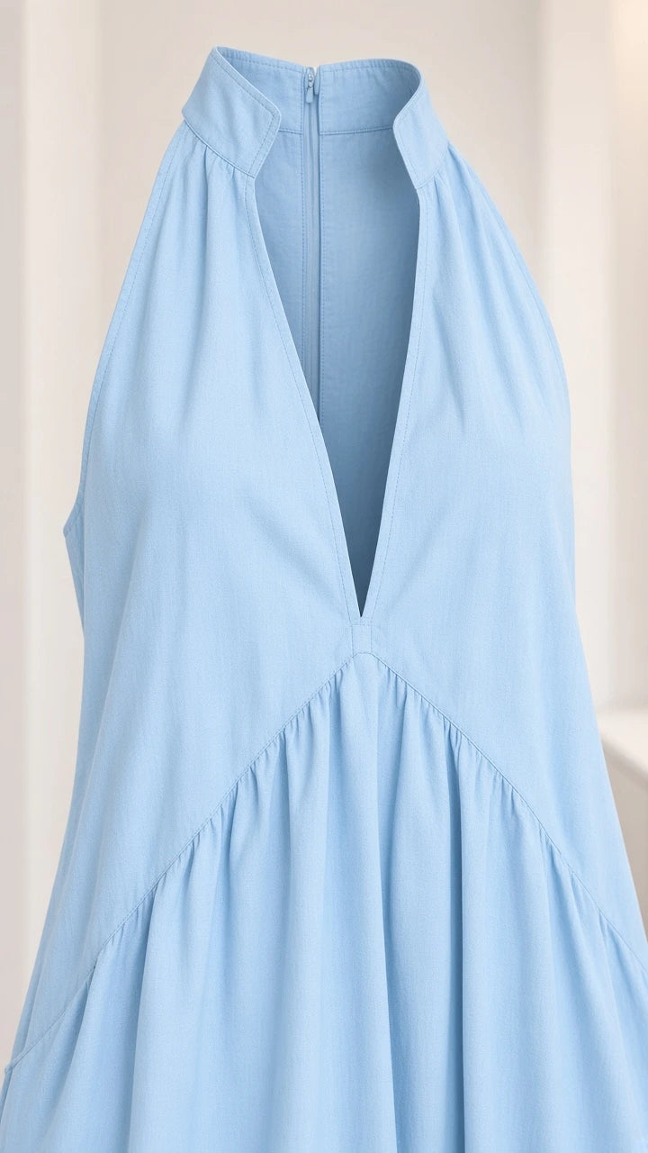 Close-up detail of light blue halter neckline with plunging V-neck and back zip