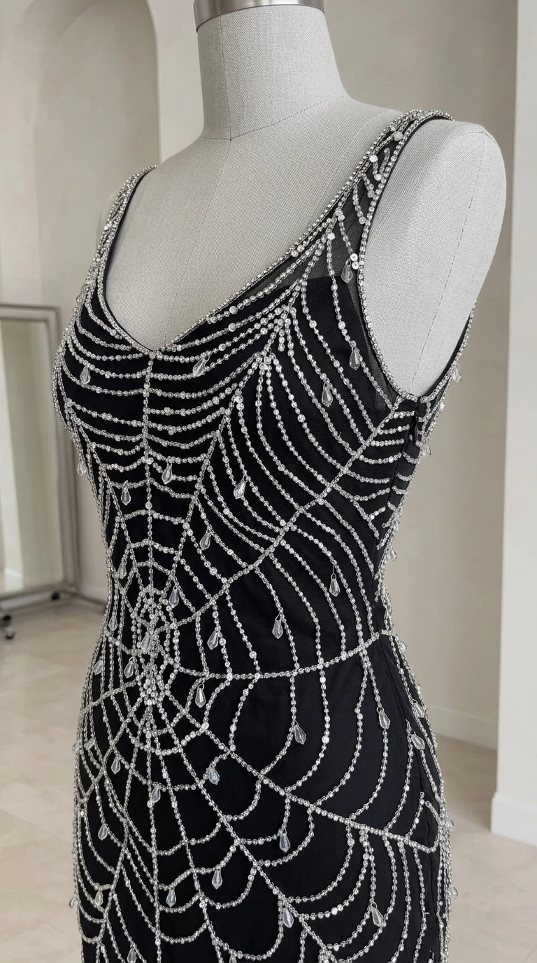 Close-up detail of silver crystal web beading and scoop neckline on black dress form