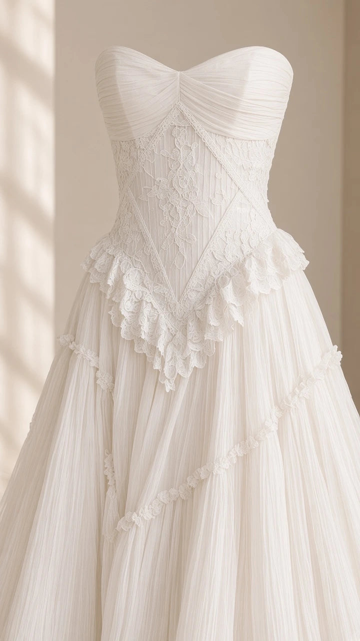 Close-up detail of strapless sweetheart ruched bodice and basque lace trim