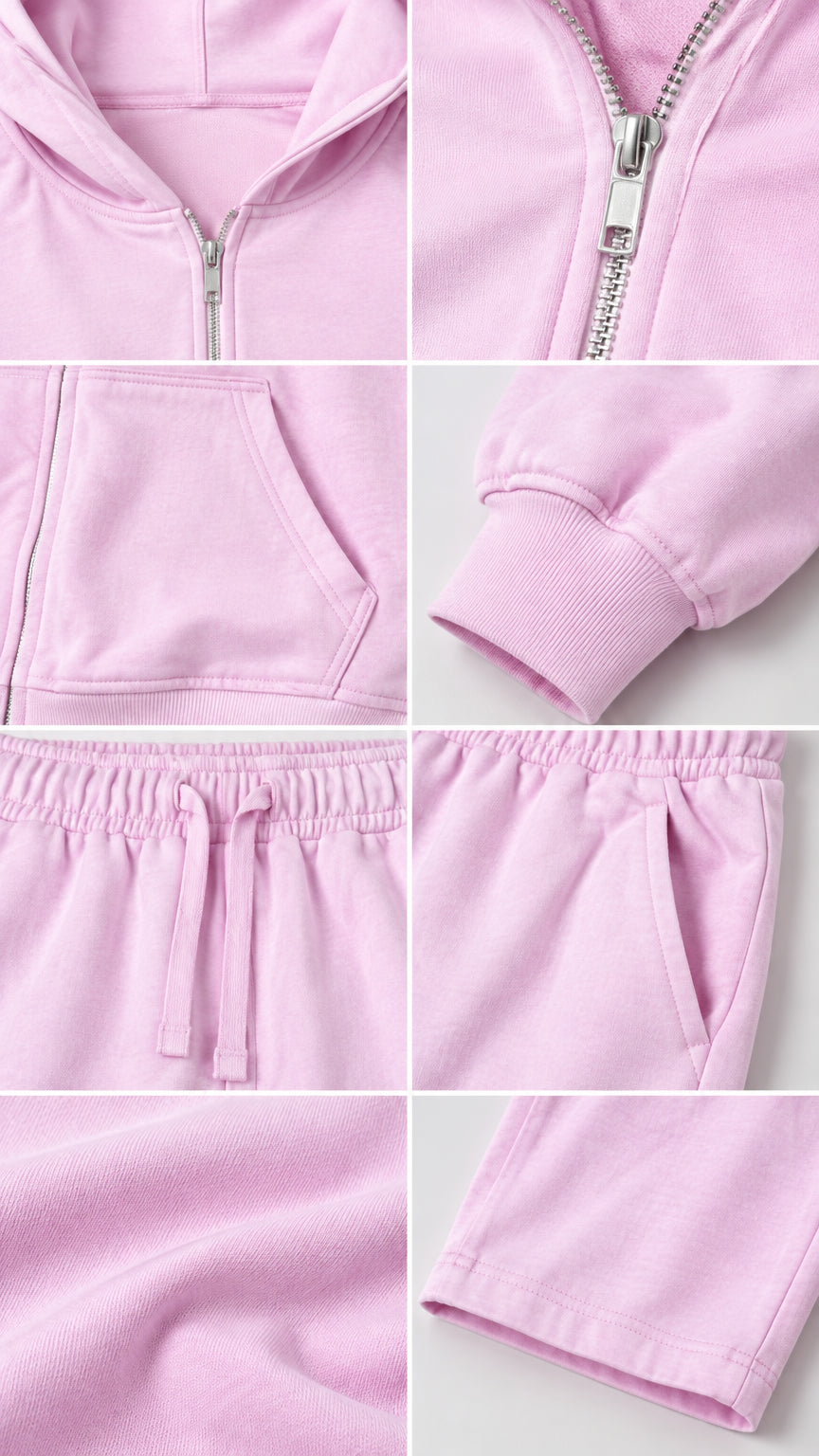 Detailed close-up collage showing zipper, pockets, ribbed cuffs, and drawstring waist