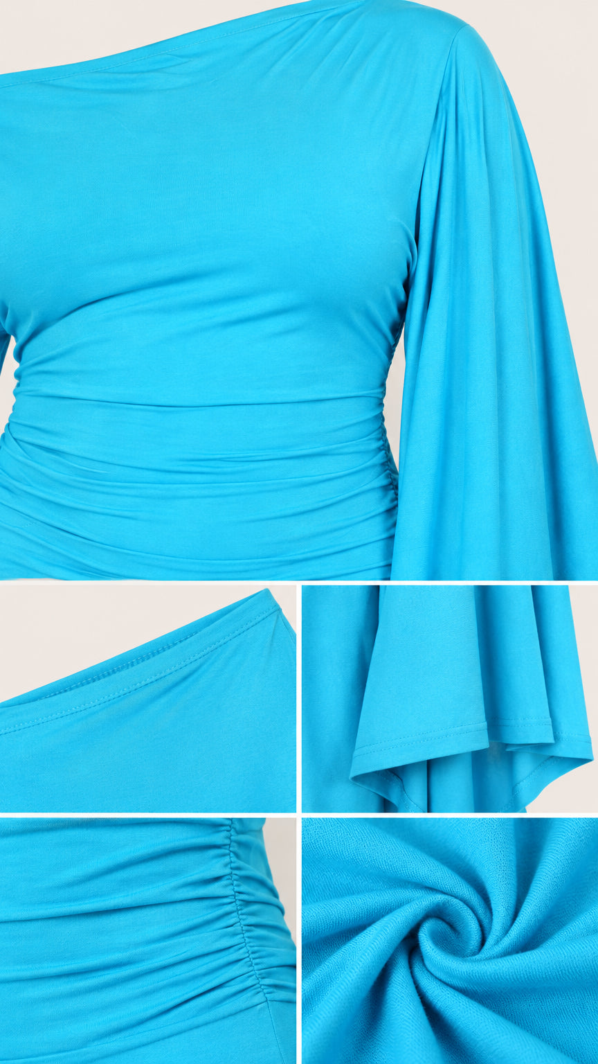 Close-up detail shots showing the neckline, fabric texture, side ruching, and sleeve hem of the turquoise dress