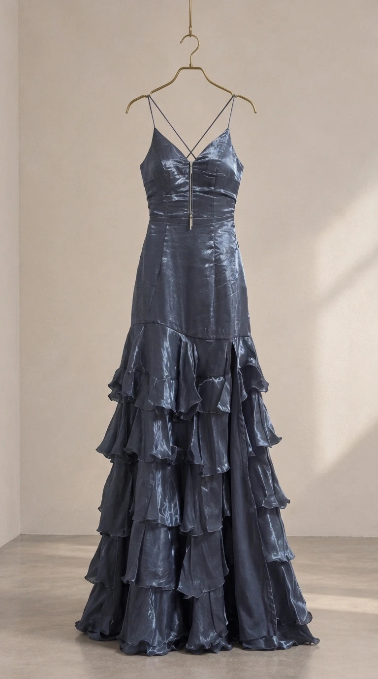 Product display of slate blue shimmering tiered ruffle maxi dress on a gold hanger