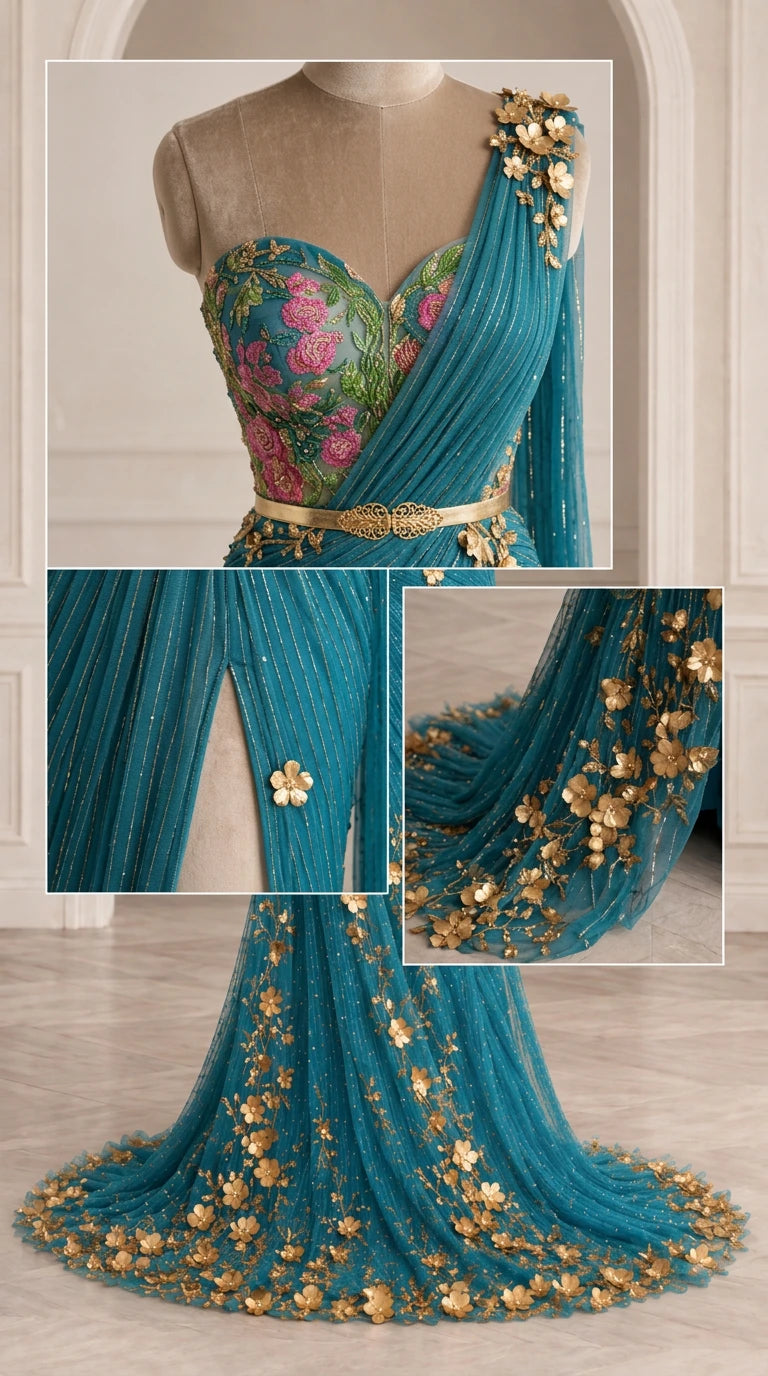 Close-up details of embroidered sweetheart neckline, gold waist detail, and 3D floral slit trims