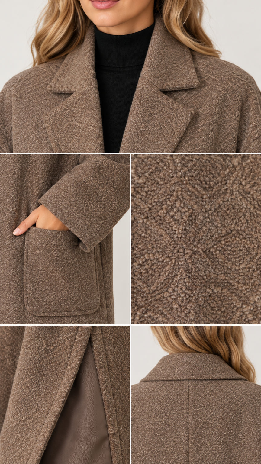 Close-up details of collar lapel, patch pocket, textured fabric, and interior lining