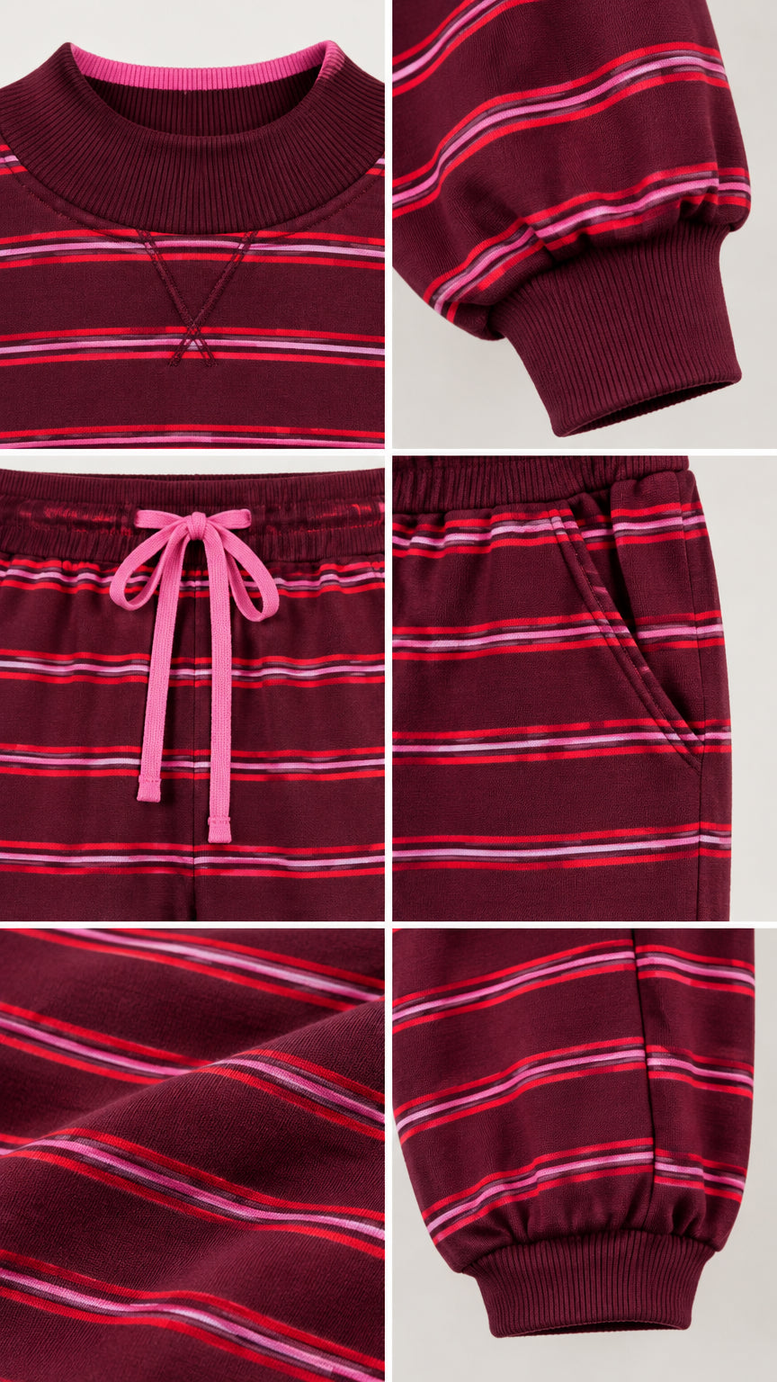 Close-up collage showing neckline, sleeve cuffs, drawstring waistband, side pocket, and fabric details of striped tracksuit set