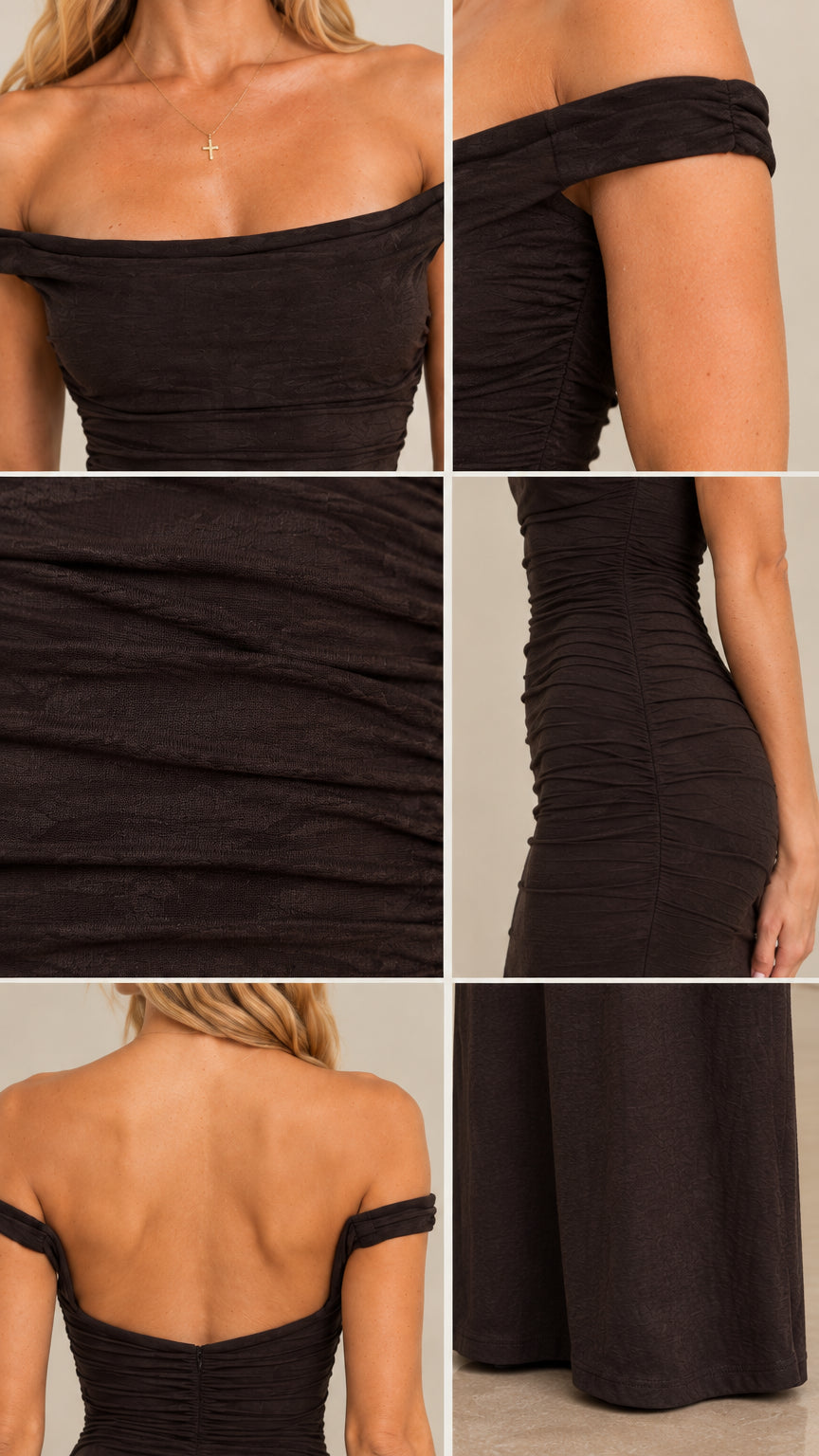 Close-up detail shots of off-the-shoulder neckline, ruched fabric texture, and back cut