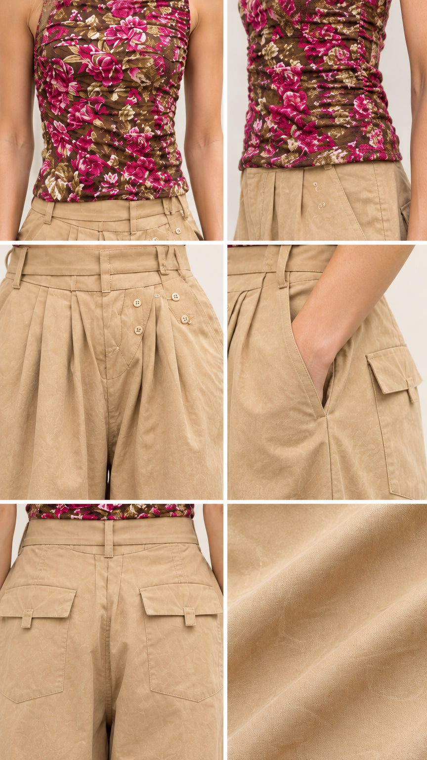 Close-up detail shots showing ruched floral fabric, pant waist pleats, side slash pocket, and twill material