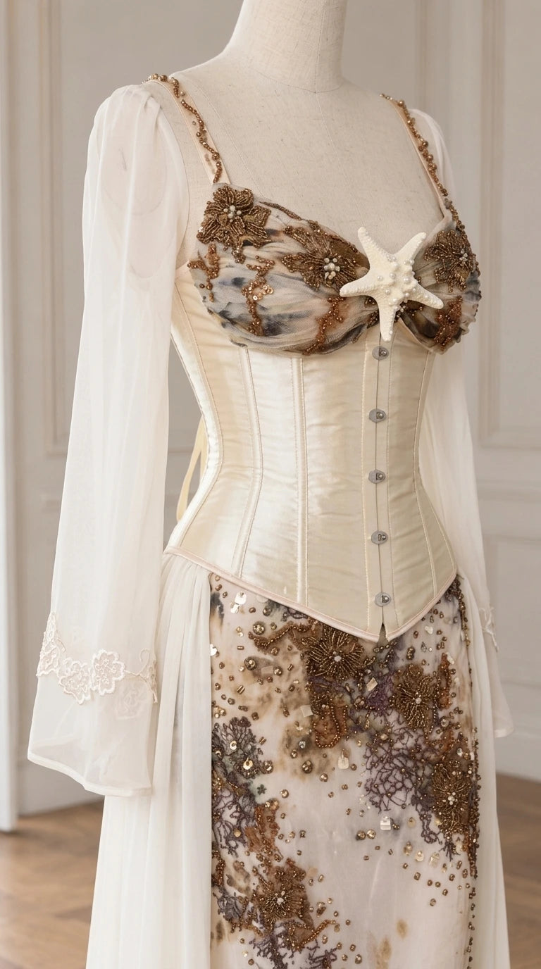 Close-up mannequin detail of satin corset bodice with starfish embellishment and sweetheart neckline
