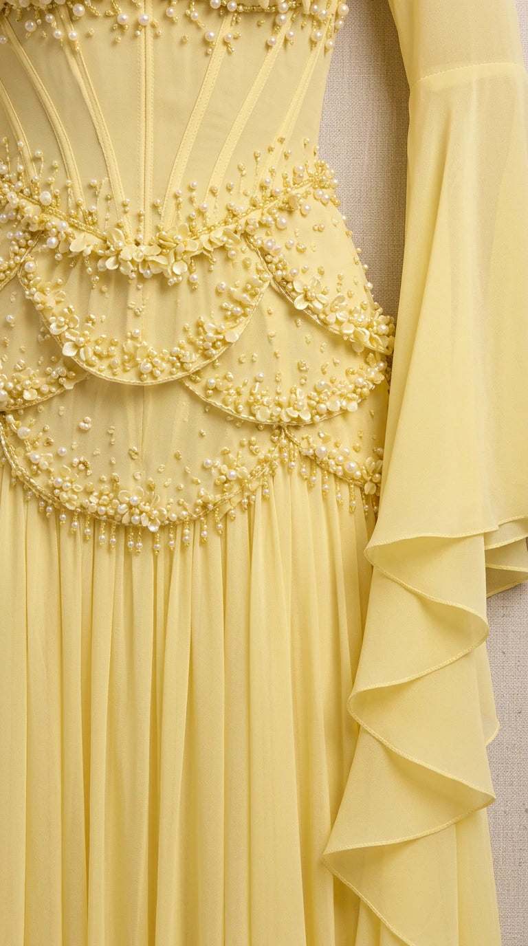 Close-up detail of yellow corset bodice with intricate pearl and bead embellishments and scalloped tiers