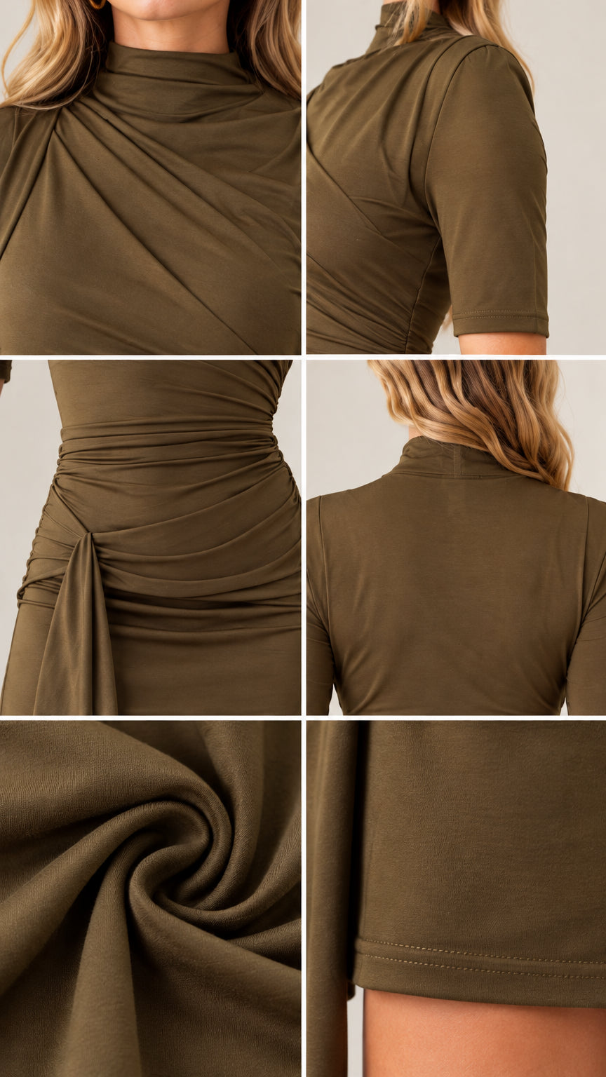 Detailed collage showing fabric texture, mock neckline, ruched waist, and hem stitching