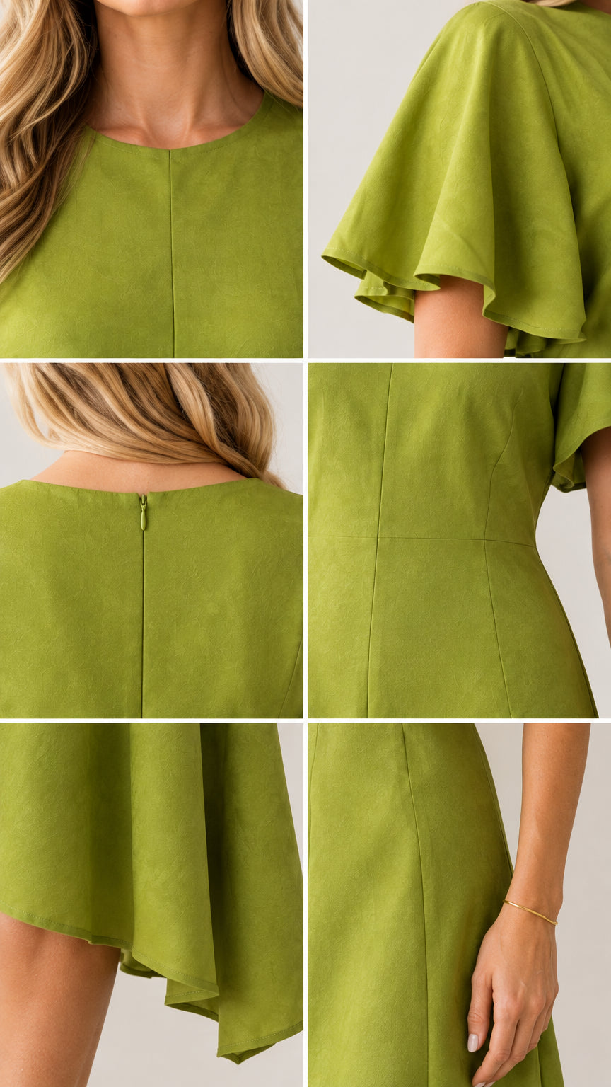 Close-up details of flutter sleeve, neckline, back zipper, and hemline in olive green