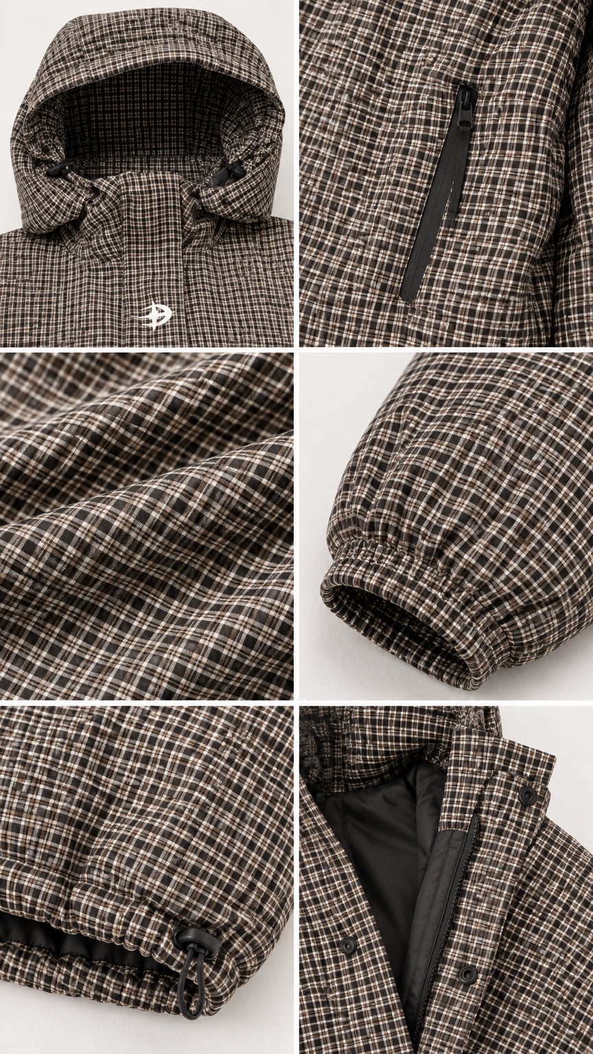 Detailed collage showing hood, zippered pocket, houndstooth fabric weave, elastic cuff, toggle hem, and inner lining