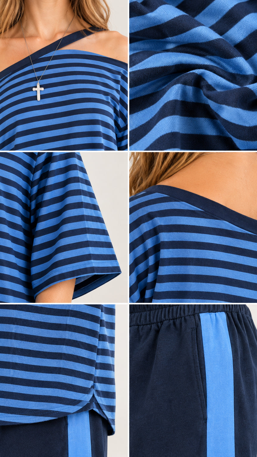 Close-up details of neckline, soft knit texture, sleeve hem, curved hemline, and elastic waistband