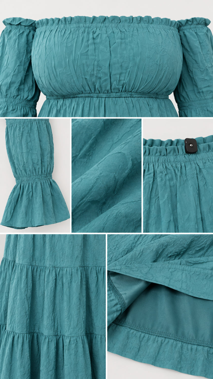 Detailed close-ups of teal tiered dress smocked neckline, bell cuffs, textured fabric, and hem lining