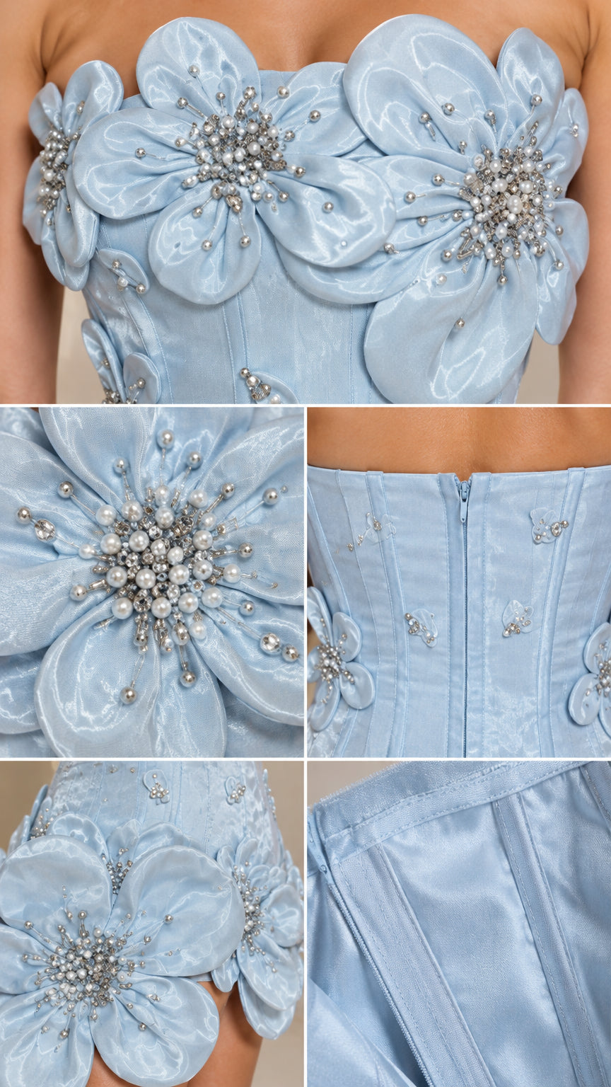 Close-up details of 3D satin floral appliqués, pearl beadwork, and corset boning on light blue dress