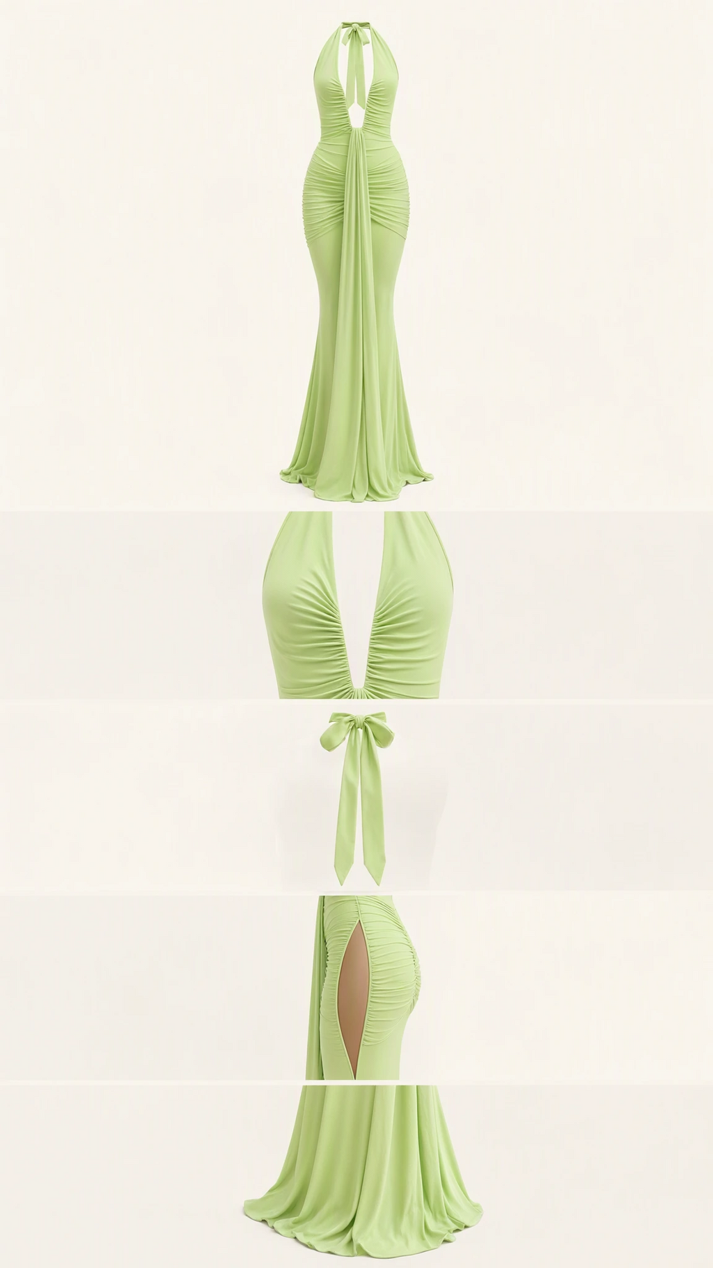 Detailed product breakdown of lime green plunge halter dress and draped skirt