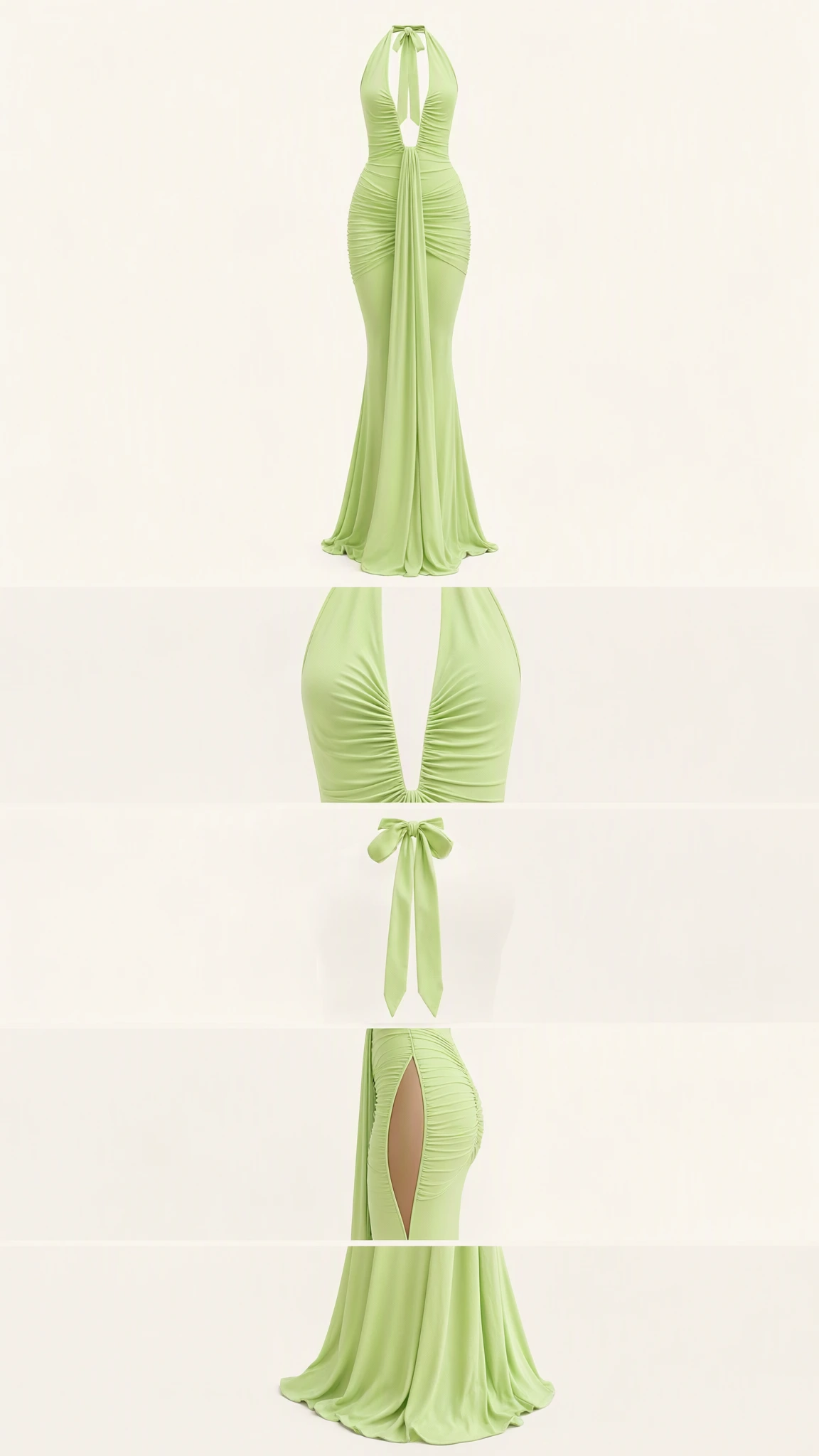 Detailed product breakdown of lime green plunge halter dress and draped skirt