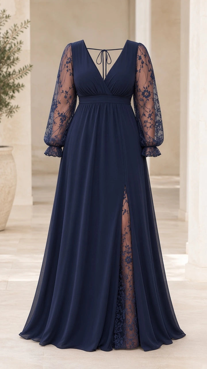 Mannequin display of navy blue A-line maxi gown with sheer lace bishop sleeves