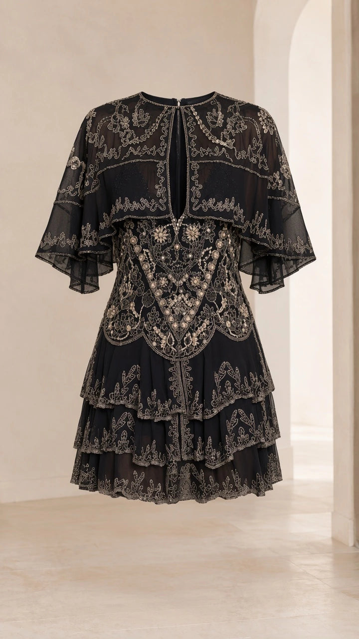 Flat front view of black embroidered capelet tiered mini dress showing filigree patterns