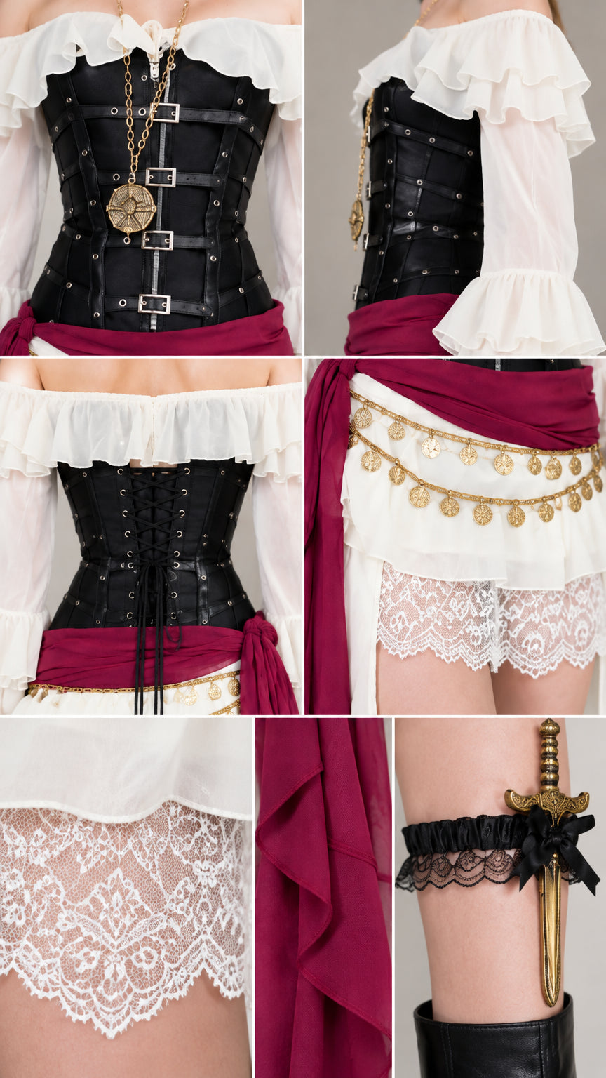 Detailed collage of pirate costume accents including front corset buckles, lace trim, and coin belt