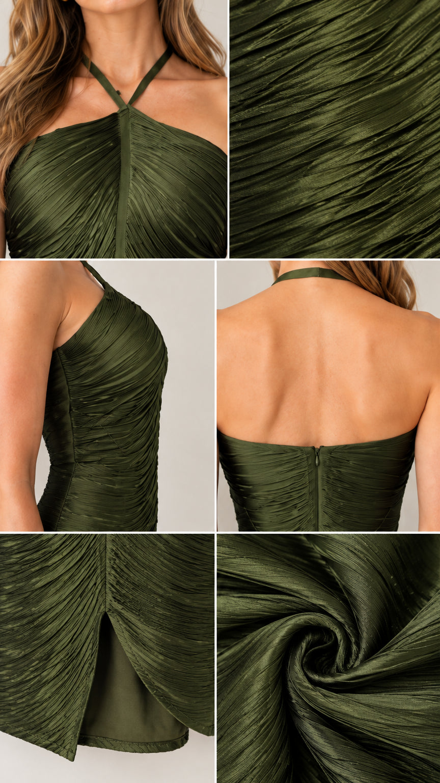 Close-up details of halter neckline, ruched crinkle texture, zipper, and hem slit
