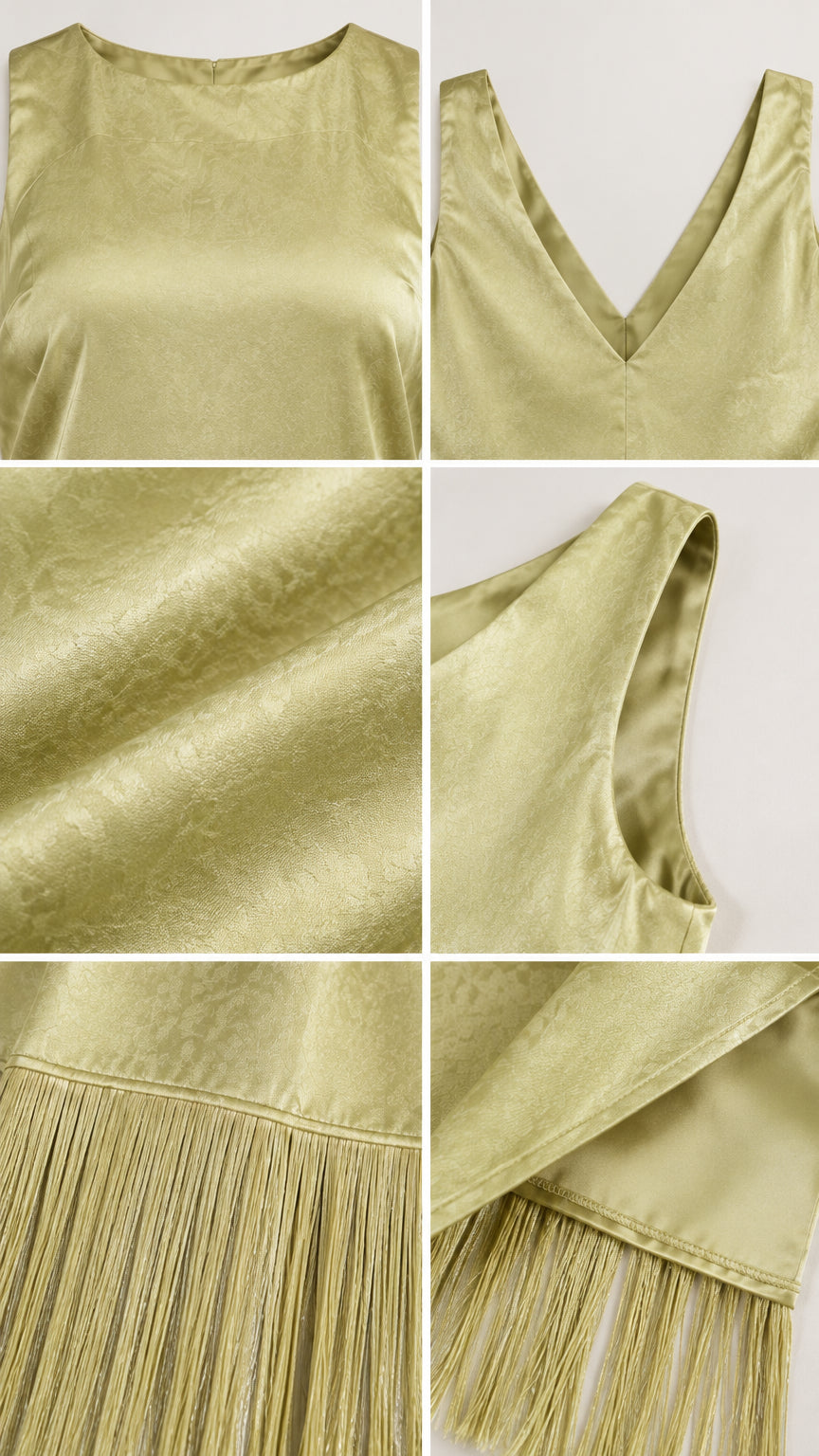 Detailed close-ups of neckline, low back, silky fabric texture, and fringe hem