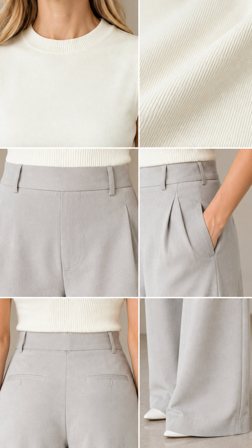 Close-up details of ribbed knit neckline, trousers waistband, pleating, and pockets