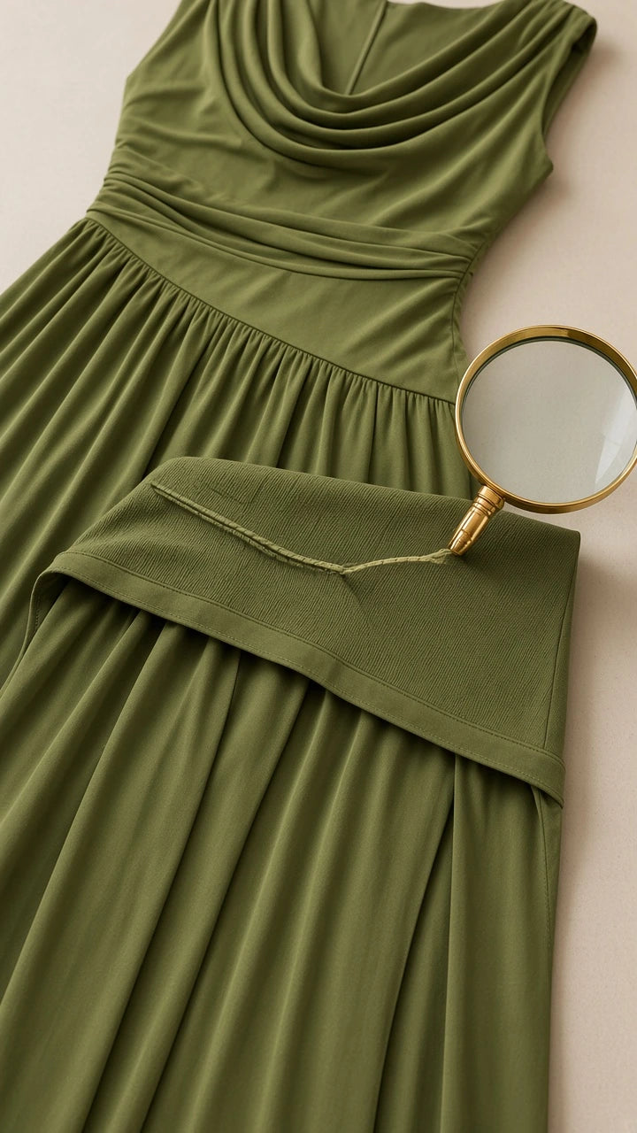Close-up detail of olive green fabric, gathered waist, and hem stitching under magnifying glass