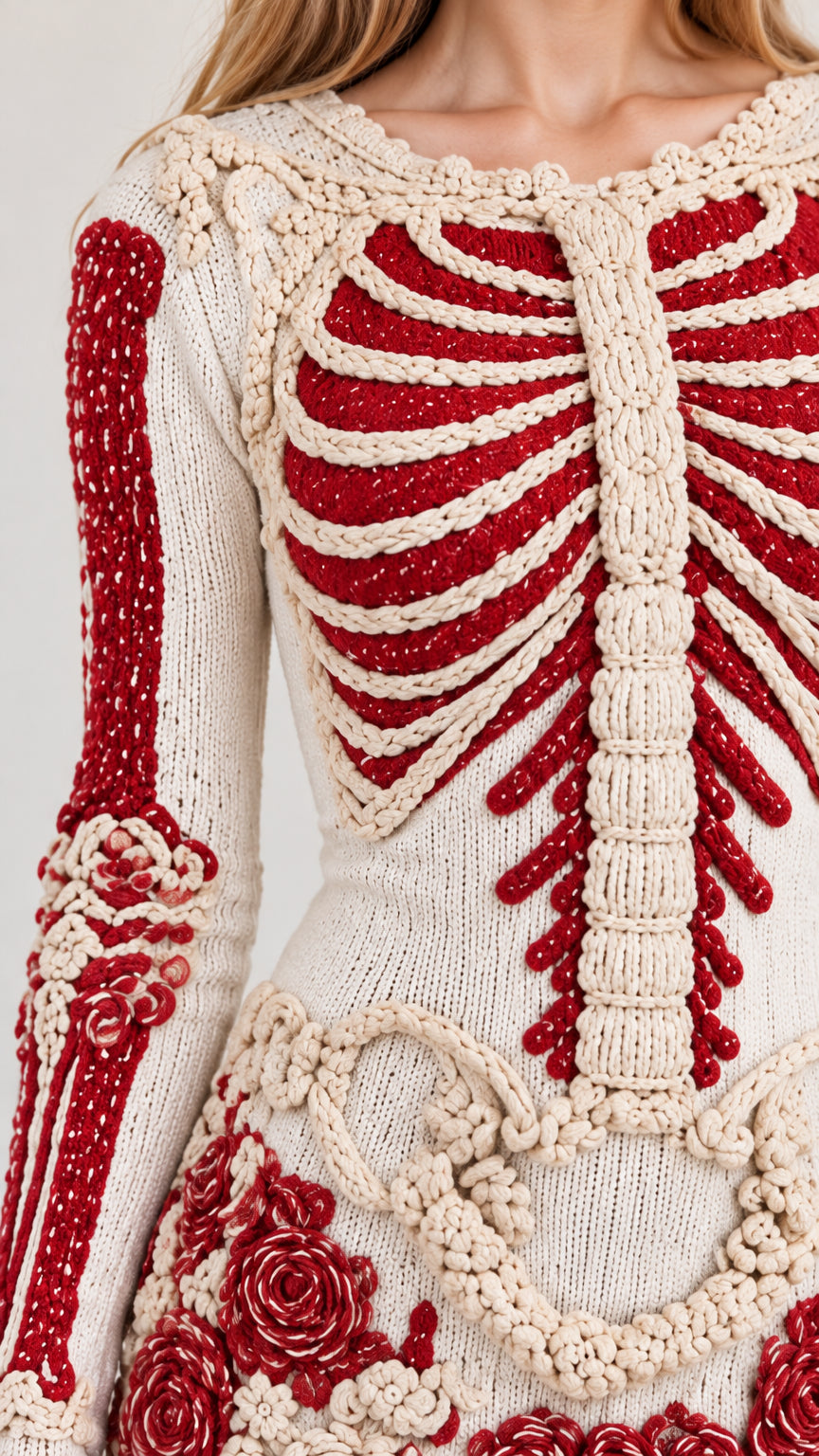 Close up detail of dimensional cord knit skeleton ribs and textured red rose embroidery on cream fabric