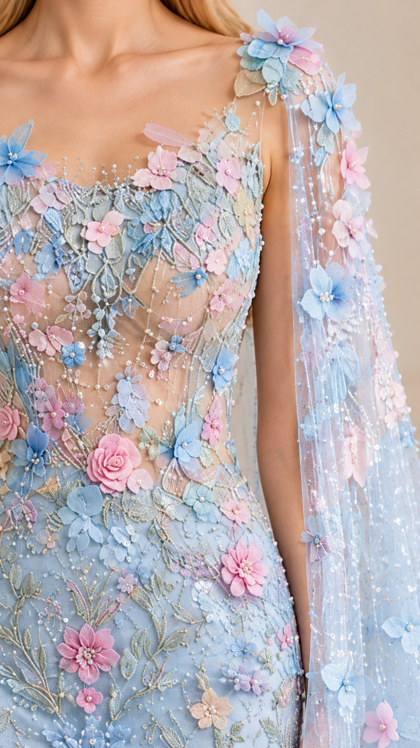 Close-up detail of 3D floral appliques and sequin embroidery on bodice