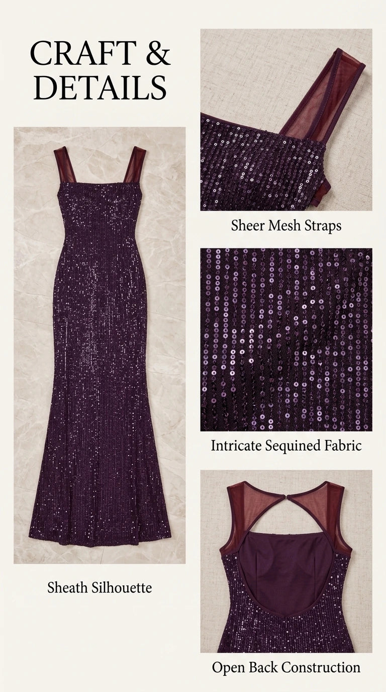 Fabric and design detail infographic highlighting sheer mesh straps and sequin texture