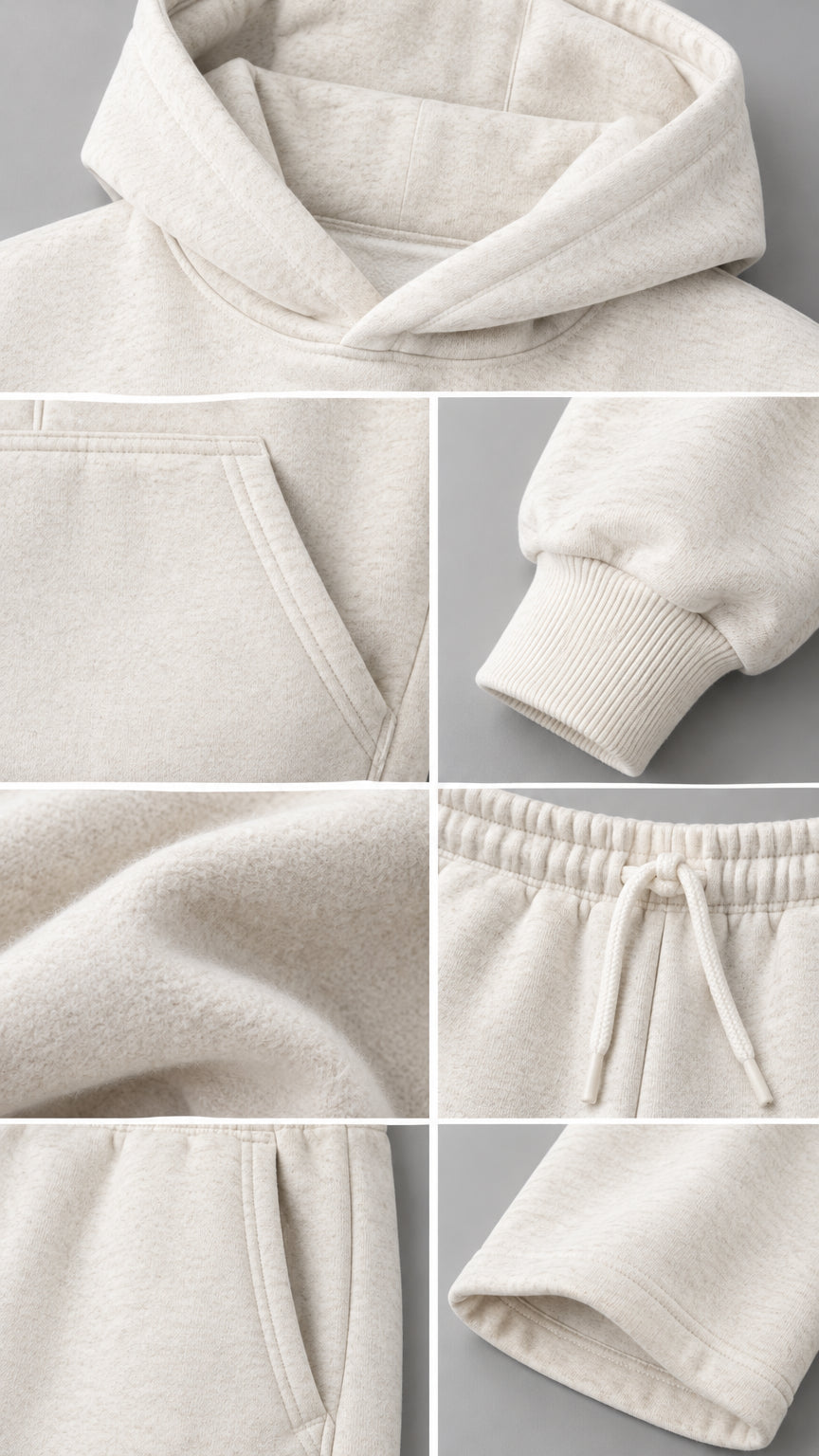 Close-up detail shots showing hood, kangaroo pocket, ribbed cuffs, soft fleece fabric texture, drawstring waistband, and hem