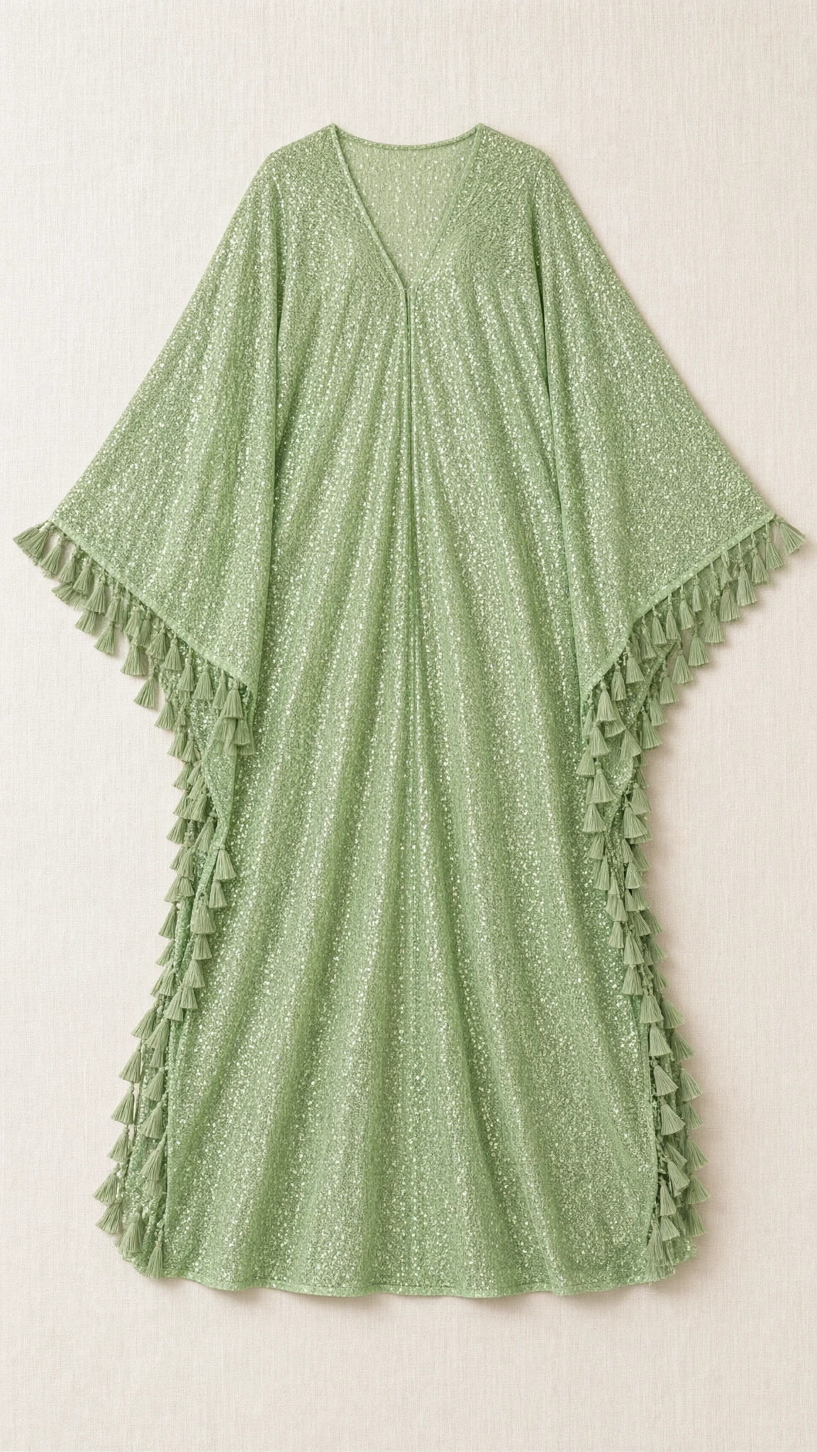 Flat lay of sage green sequin kaftan dress featuring wide sleeves and side fringe details