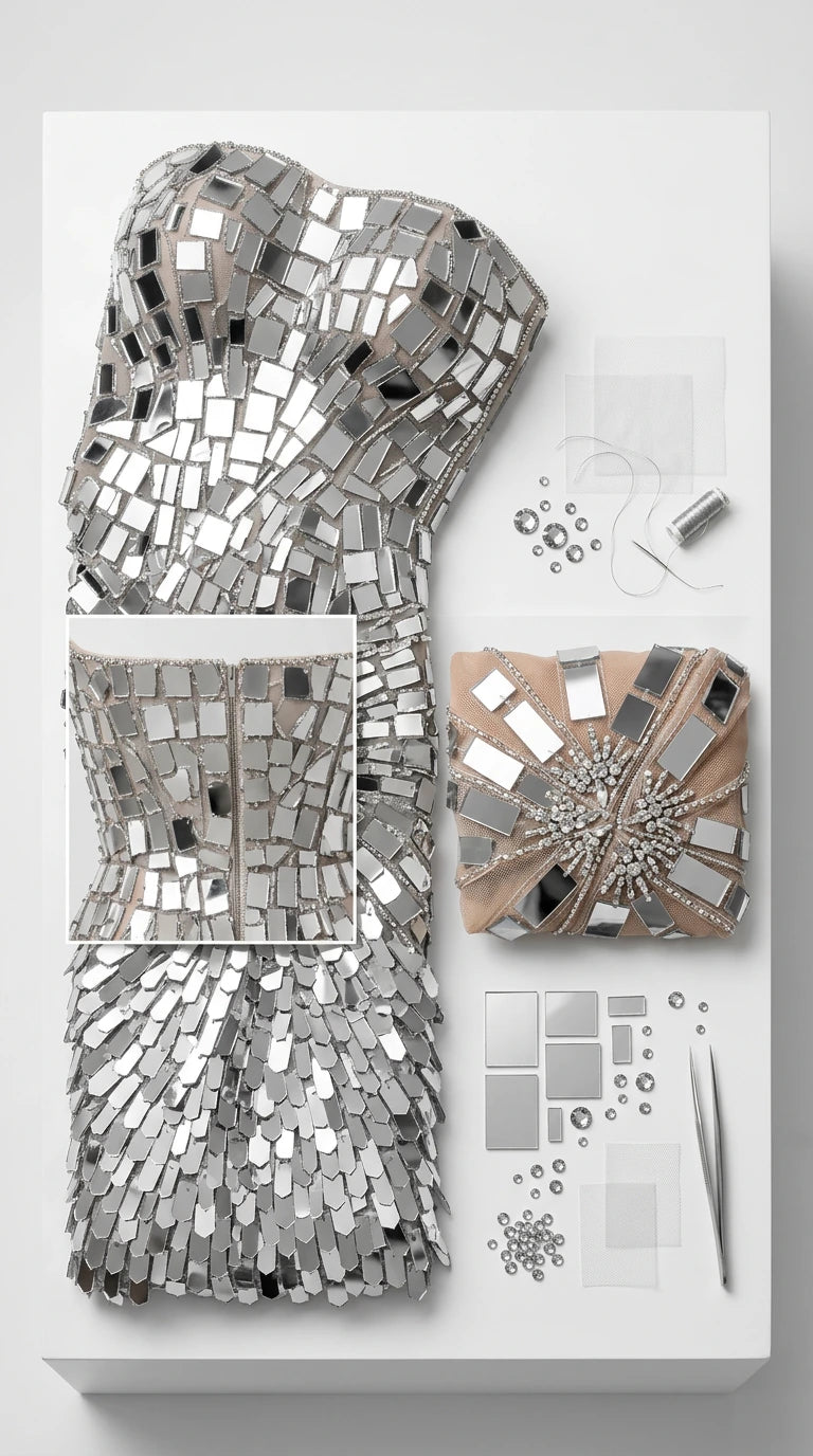 Flat lay detail showing mirrored mosaic tiles and garment construction