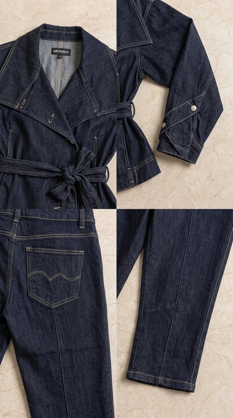 Detailed close-up of dark blue denim collar, tie belt, button cuff, and back pocket stitching