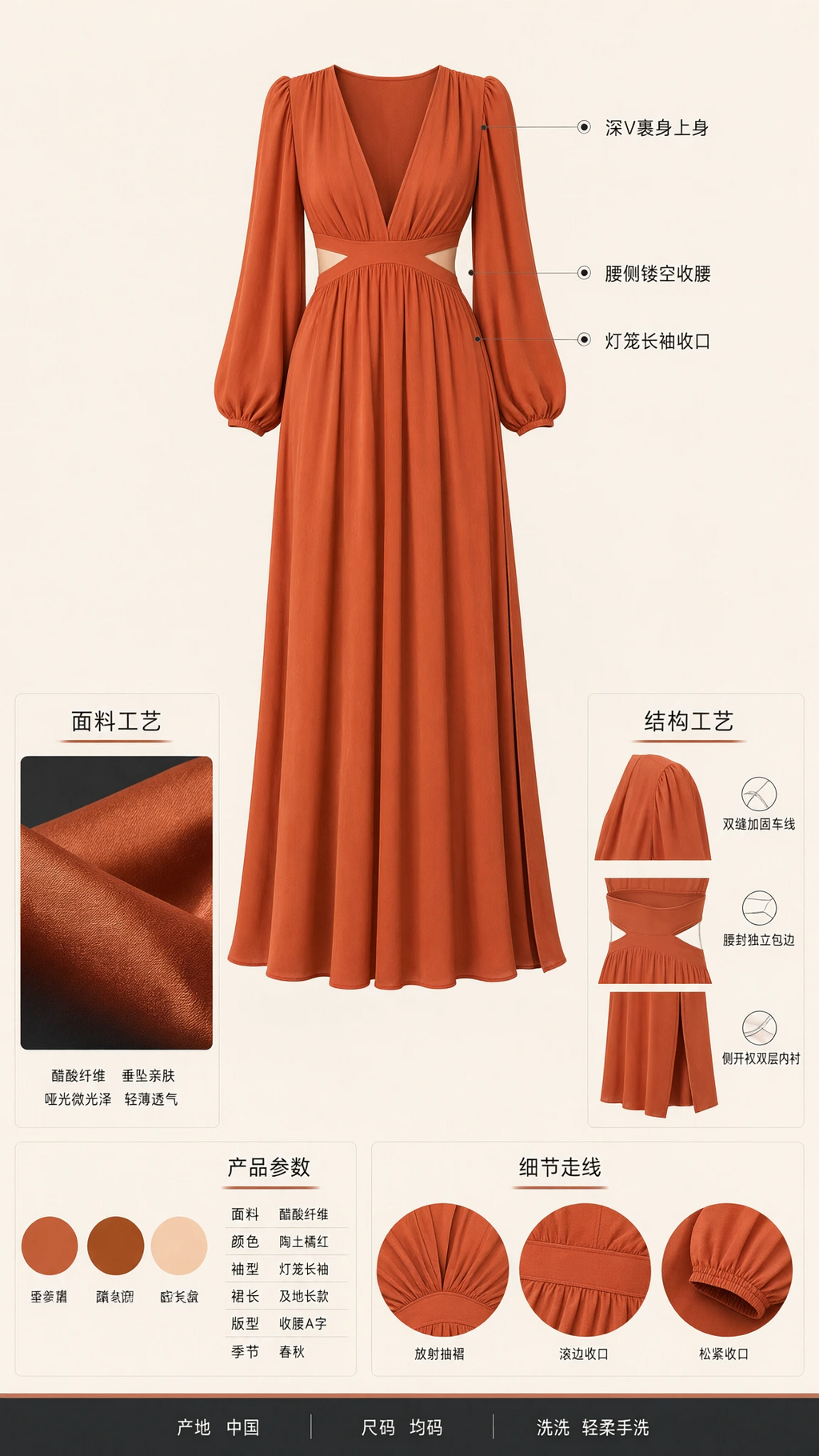 Flat product layout and fabric detail chart for rust orange cutout maxi dress