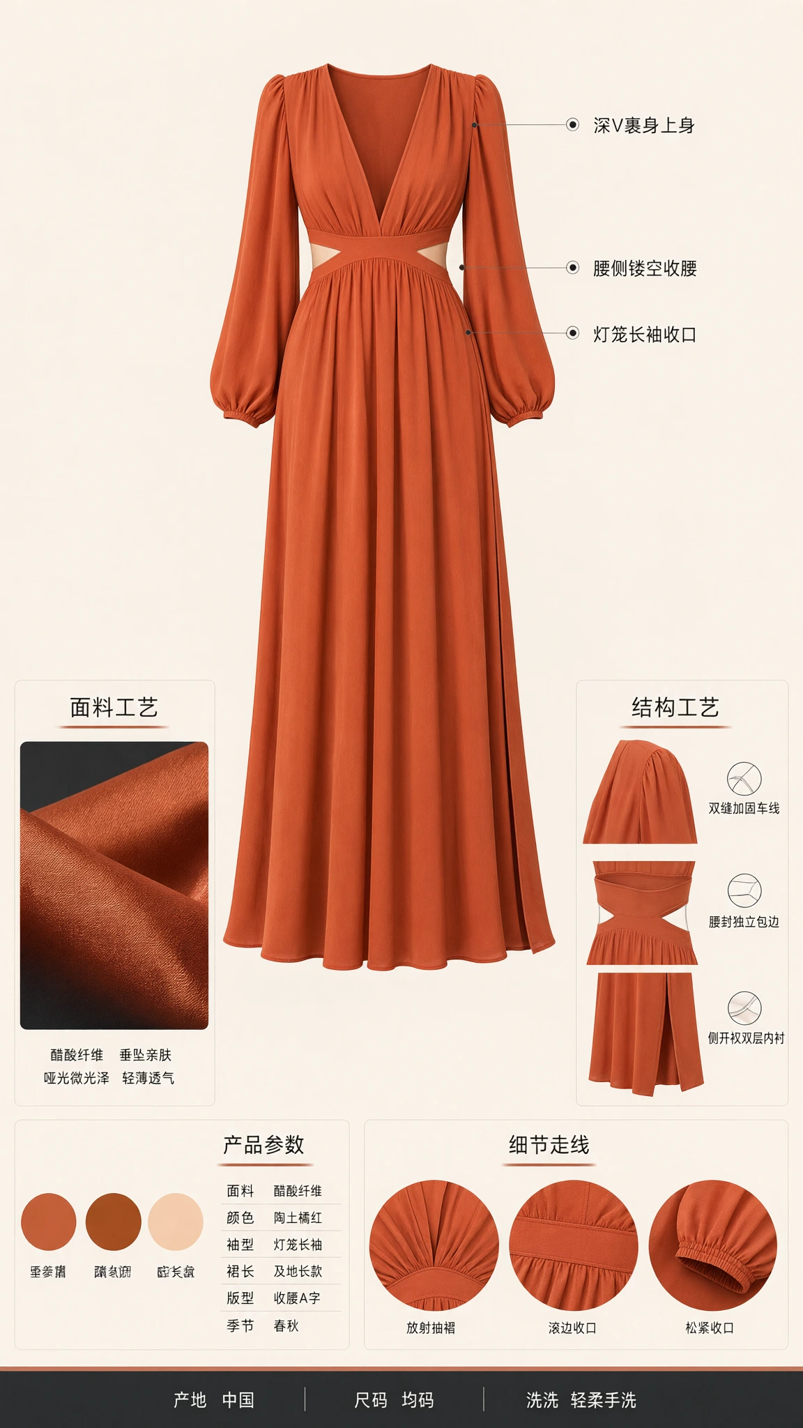 Flat product layout and fabric detail chart for rust orange cutout maxi dress