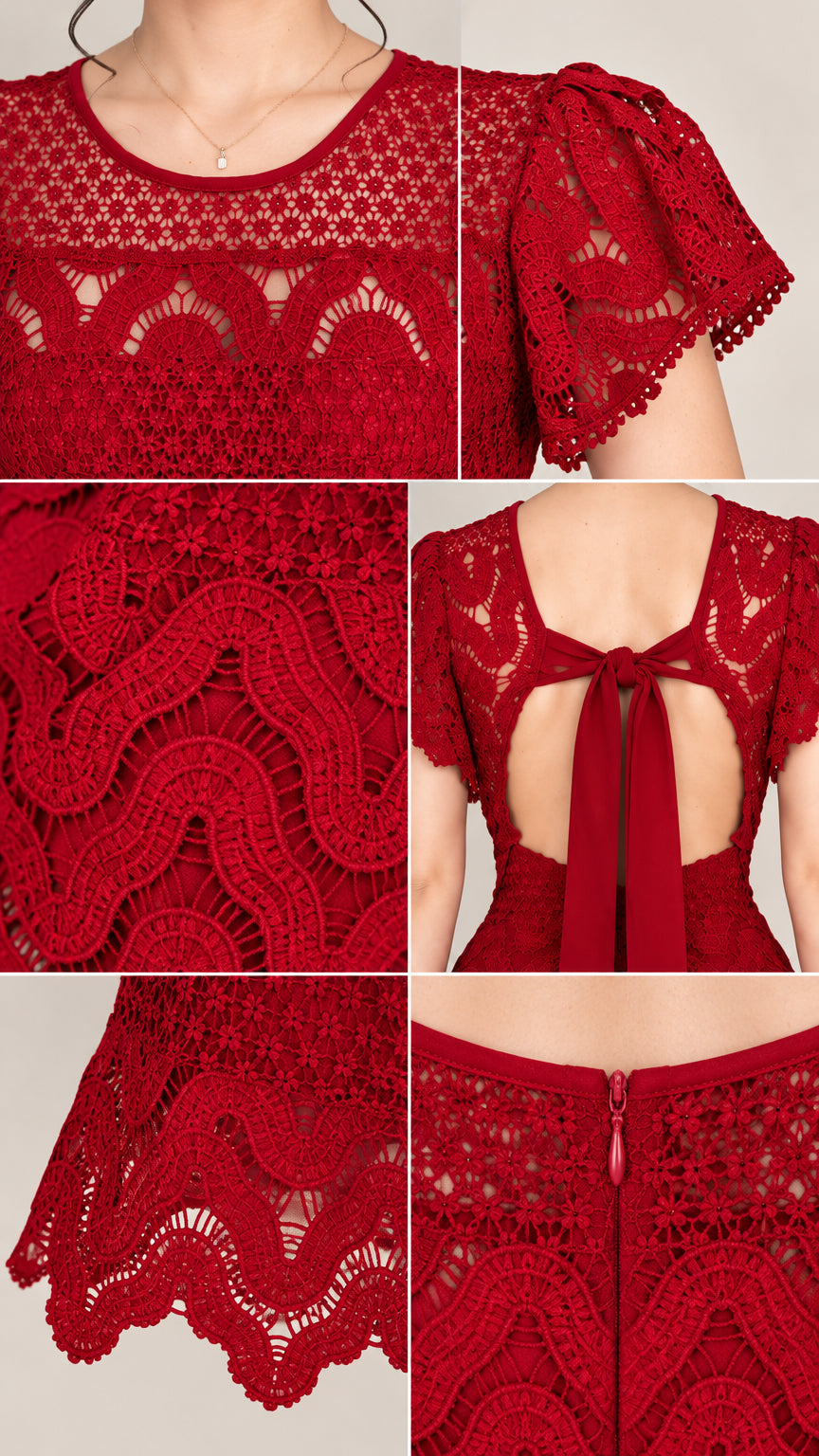 Close-up details of red lace dress neckline, sleeve, fabric texture, back bow, and hem