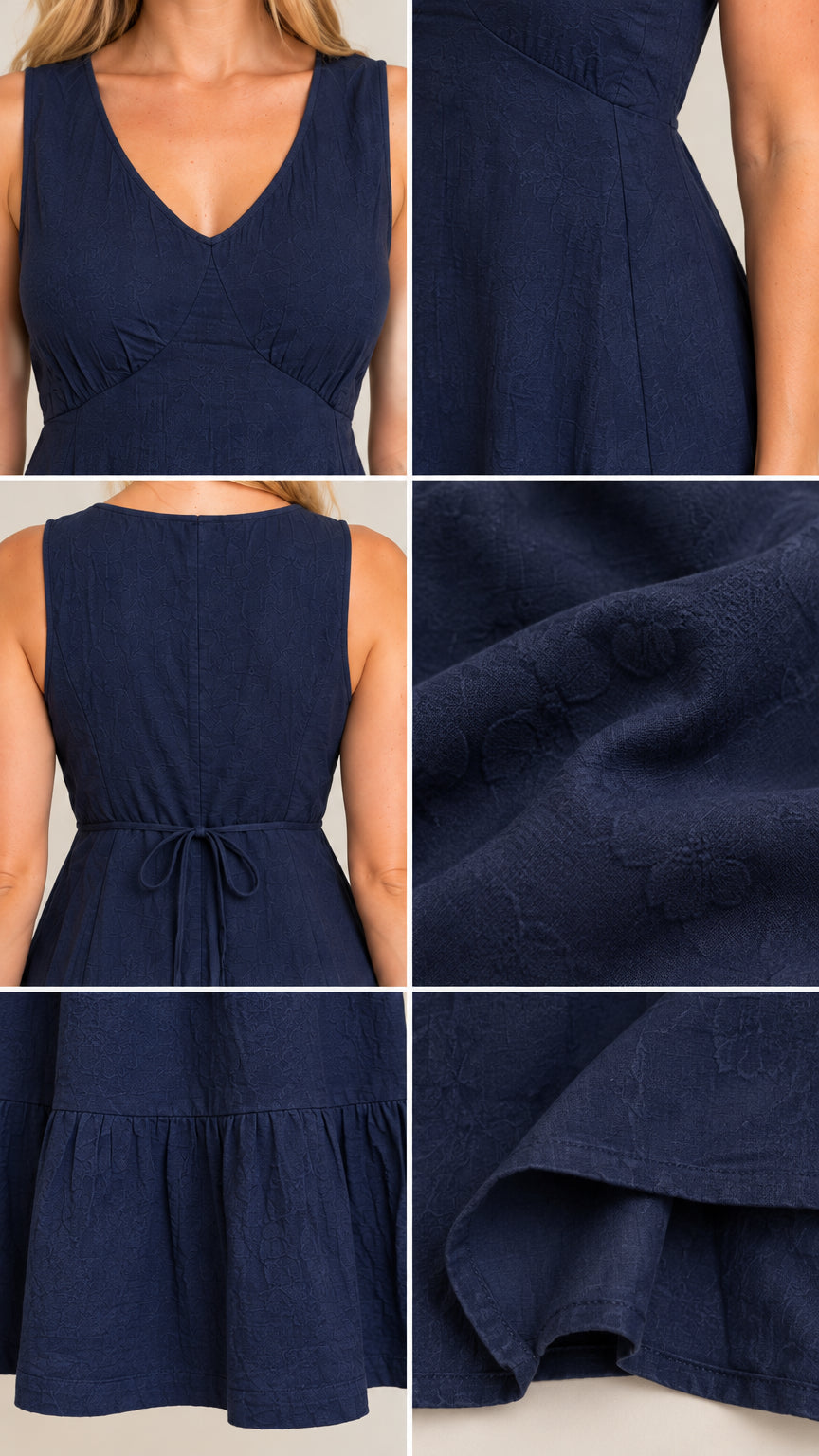 Close-up details of neckline, bust gathering, back tie, and textured fabric