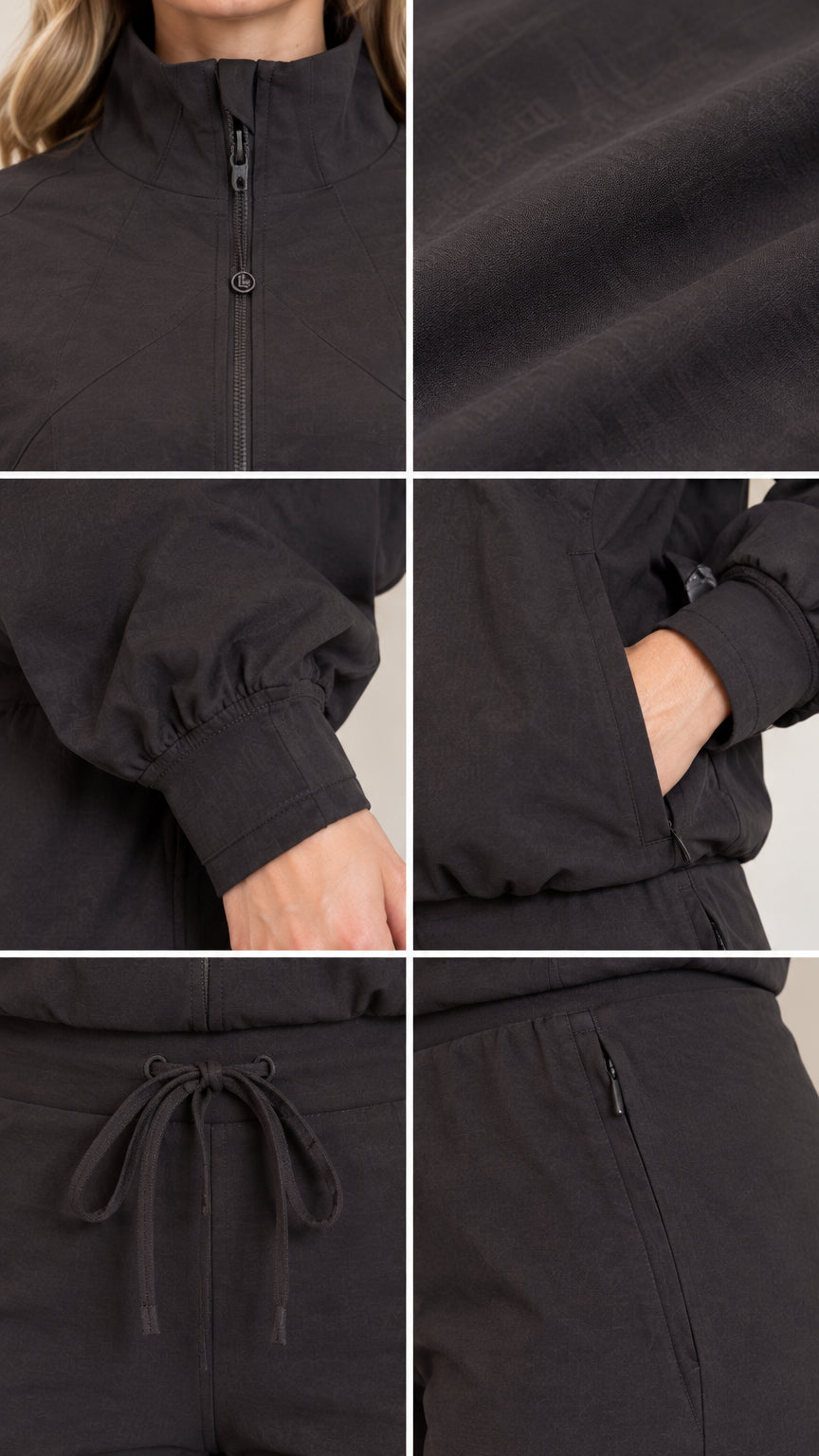 Detailed close-up collage of collar zipper, smooth fabric texture, elastic cuffs, and zippered pockets
