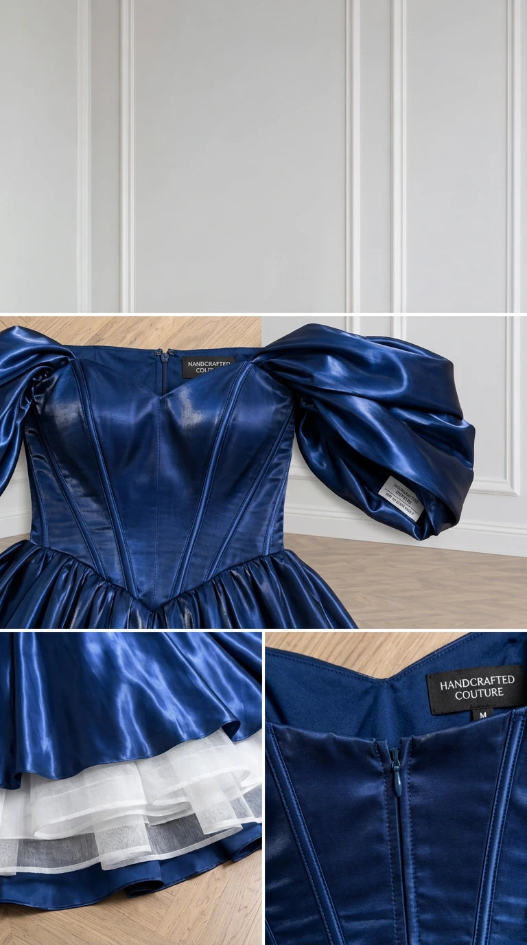 Detailed close-ups of corset bodice, puff sleeves, zipper back, and interior tulle lining