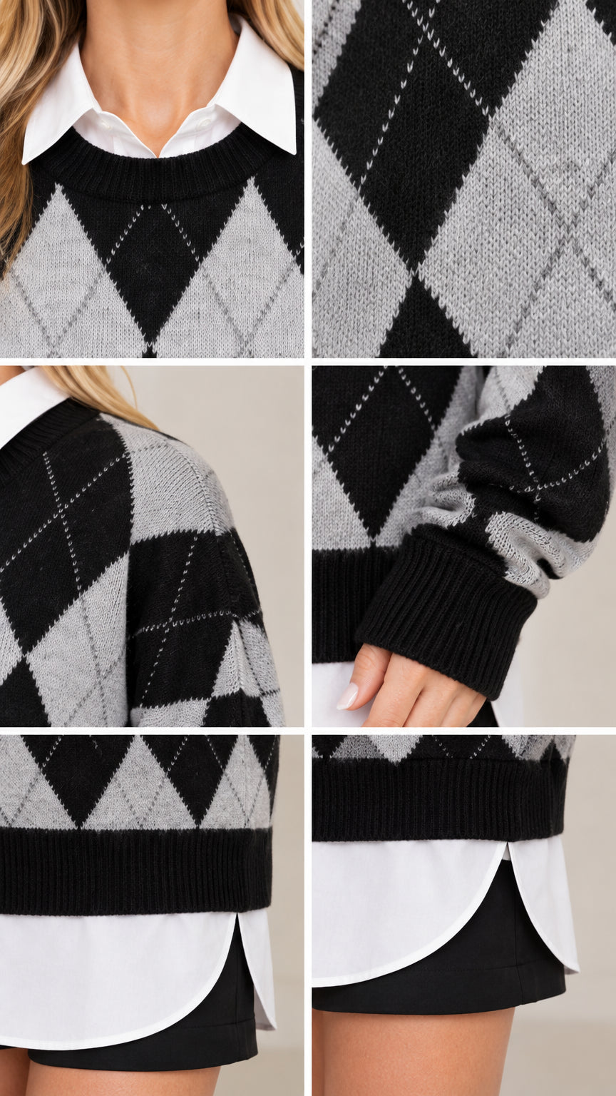 Close-up detail collage showing ribbed neckline, diamond knit pattern, dropped shoulders, and ribbed cuff and hem