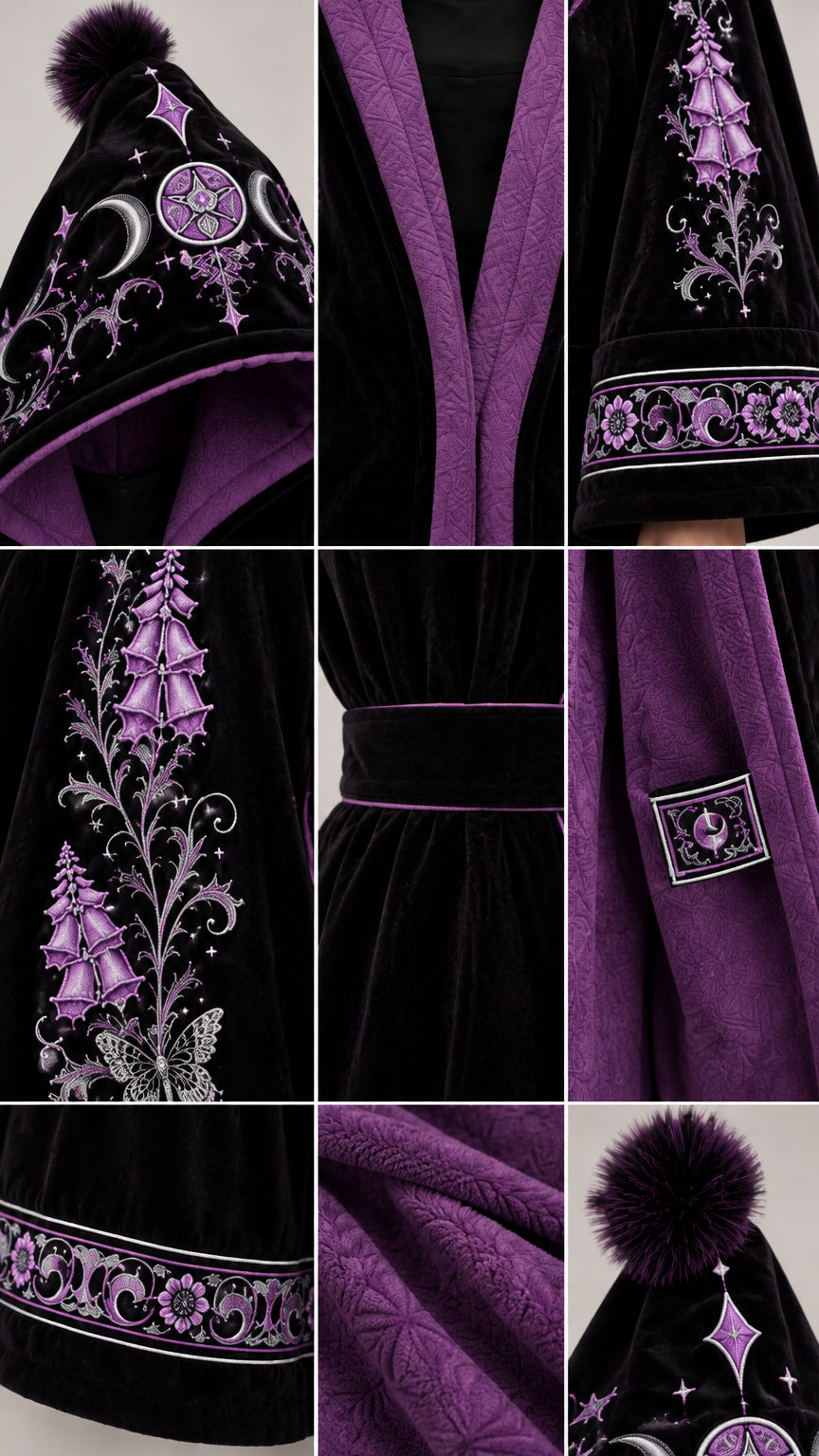 Close-up details of embroidery, hood pom-pom, cuffs, and contrast lining