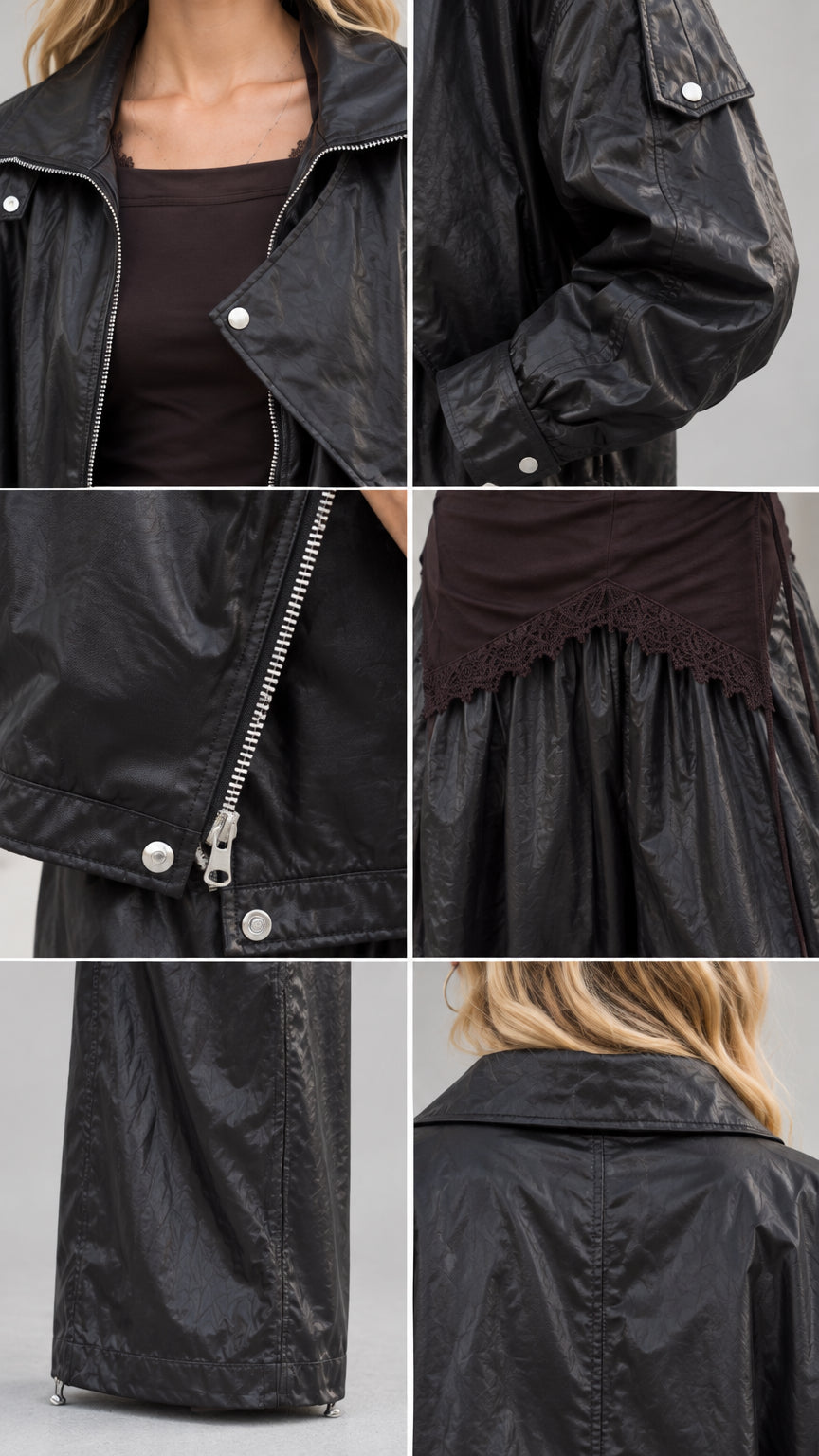 Close-up detail shots of metallic jacket zipper, sleeve flap pocket, waistband, and hem