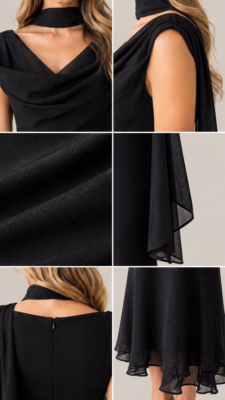 Close-up details of neckline, fabric texture, zipper, and trumpet hemline on black maxi dress