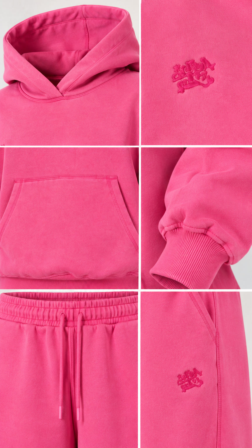 Detailed close-up collage of hood, front pocket, cuffs, waistband, and embroidery on Fuchsia set